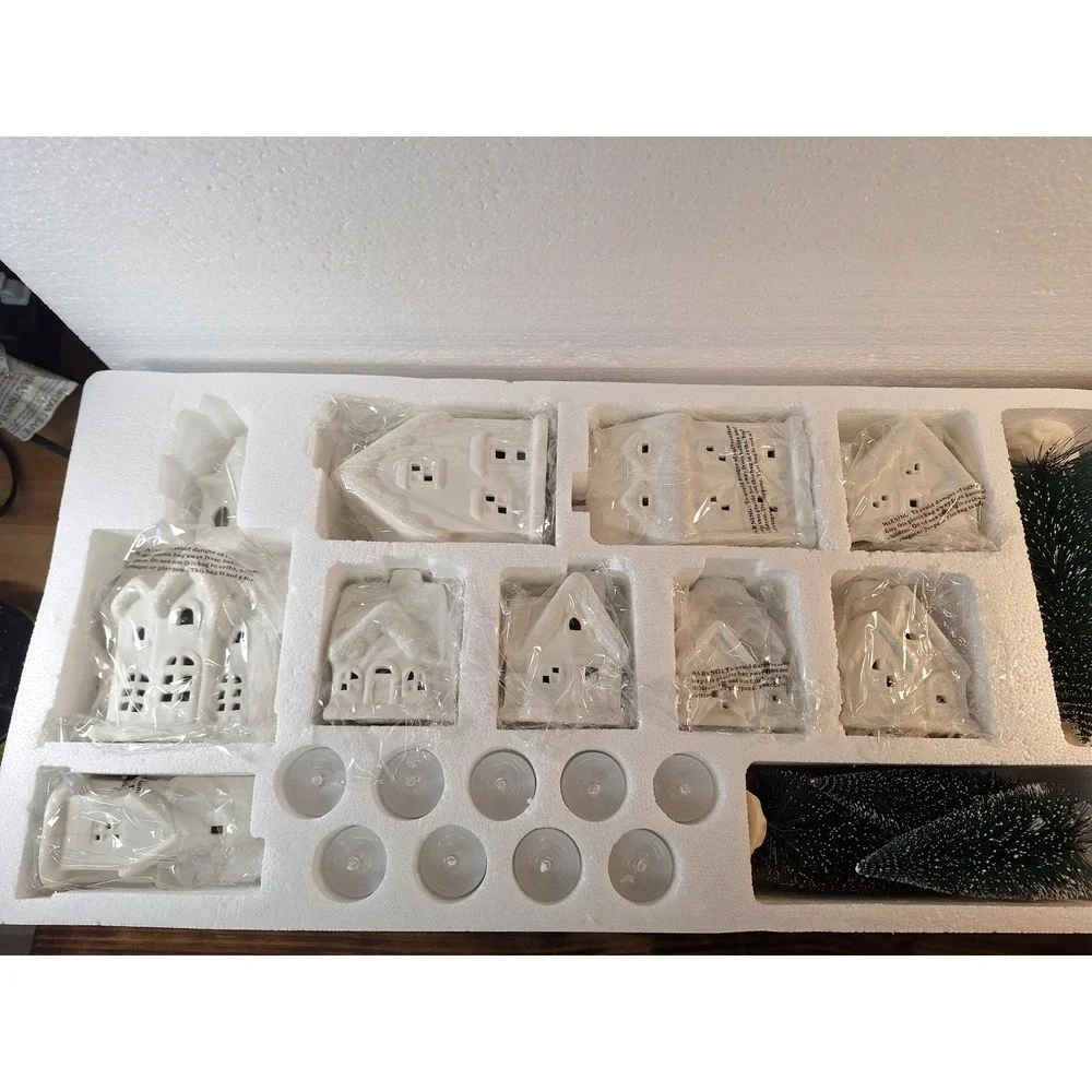 31pc Winter Village White Unglazed Porcelain Holiday Pre Lit LED Figurines, Tree